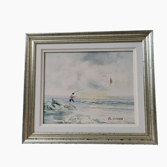 Vintage Framed Oil Painting Signed G. Lucas Fishing Scene in Silver-Tone Frame